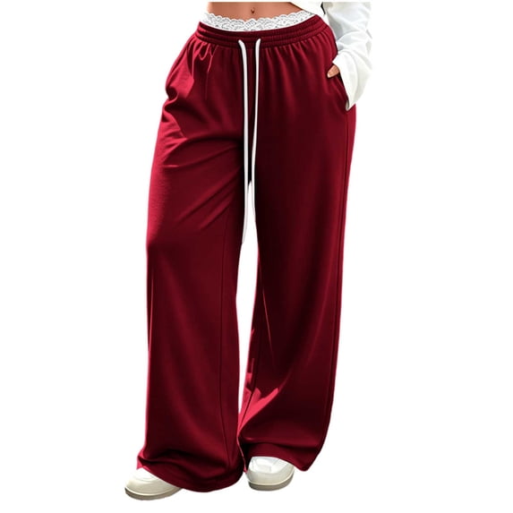 Gytharion Women's Lace Trim Sweatpants Solid Color Straight Leg Loose Casual Track Pants with Pockets Drawstring Elastic High Waist Joggers