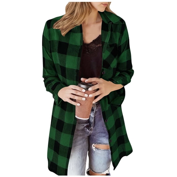 Gytharion Women's Long Shacket Jacket Lightweight Casual Long Sleeve Lapel Overcoat Loose Cozy Button Down Trench Coat Fashion Plaid Print Winter Outerwear with Pockets