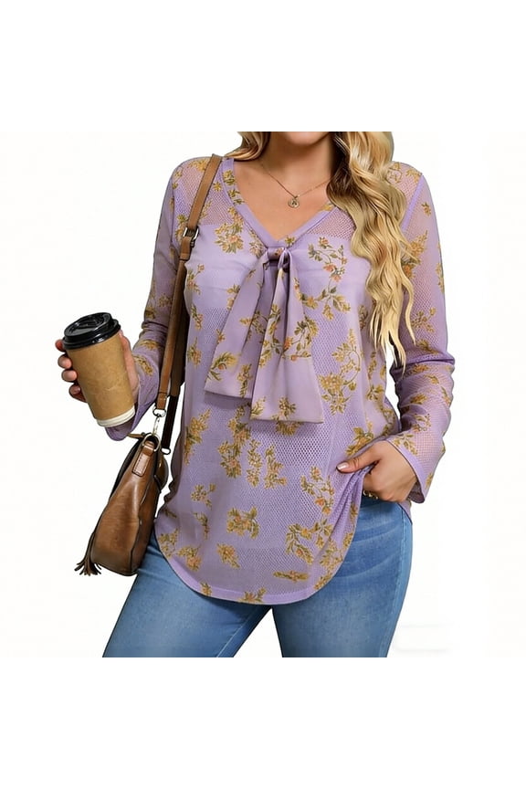 Women's Long Sleeve Shirts Fashion Floral Print V-Neck Hawaiian Top Summer Loose Breathable Mesh Beach Cover-Ups for Women