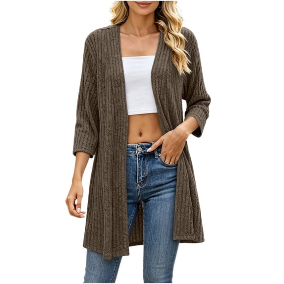 Gytharion Women's Longline Cardigan Sweaters 3/4 Sleeve Open Front Knit Cardigans Solid Color Spring Fall Longline Cardigans
