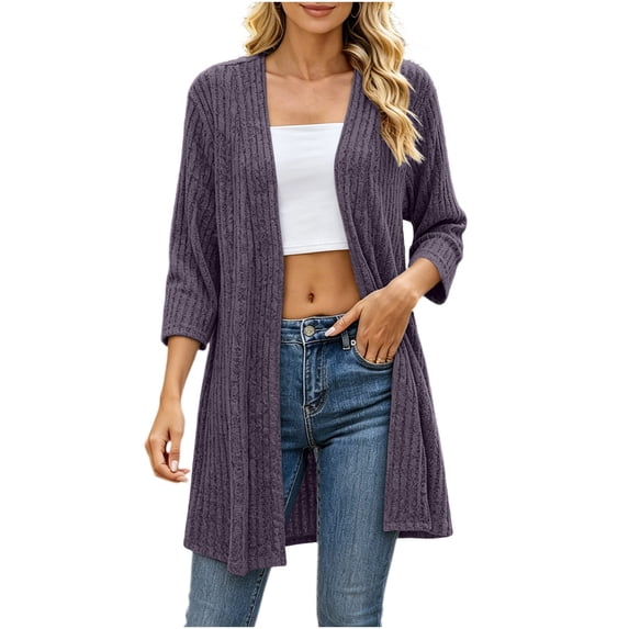 Gytharion Women's Longline Cardigan Sweaters 3/4 Sleeve Open Front Knit Cardigans Solid Color Spring Fall Longline Cardigans