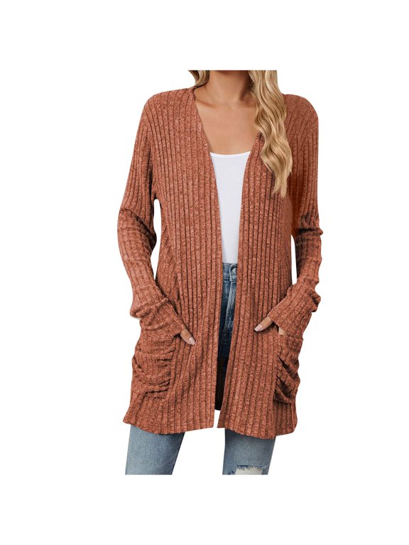 Women's Longline Cardigan Sweaters Open Front Patch Pockets Long Sleeve Knit Cardigans Solid Color Sweater Cardigans