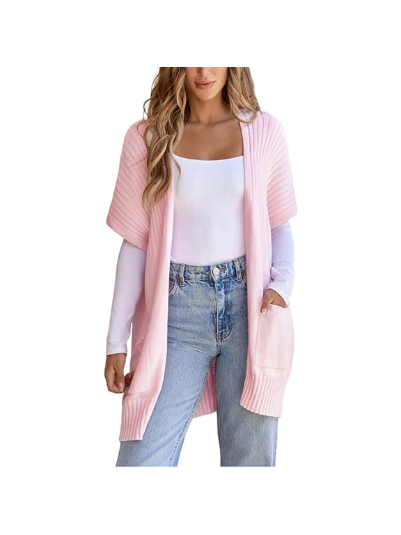 Women's Longline Cardigan Sweaters Short Sleeve Open Front Knit Cardigans with Patch Pockets Longline Cardigans