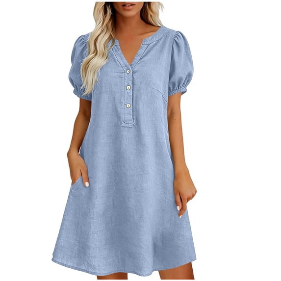 Gytharion Women's Loose Fit Tunic Dresses V Neck Natural Look Casual Dresses Short Sleeve Stylish A-Line Dresses with Pockets