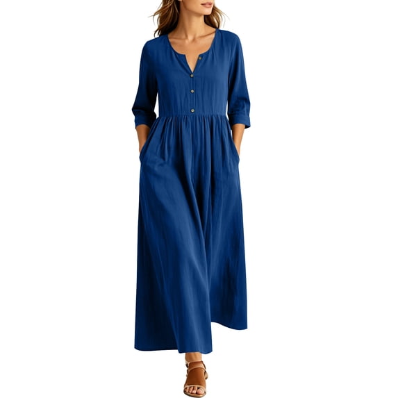 Gytharion Women's Maxi Dresses Buttoned V Neck 3/4 Sleeve Tummy Contrll Dresses Solid Color Casual Dresses with Pockets