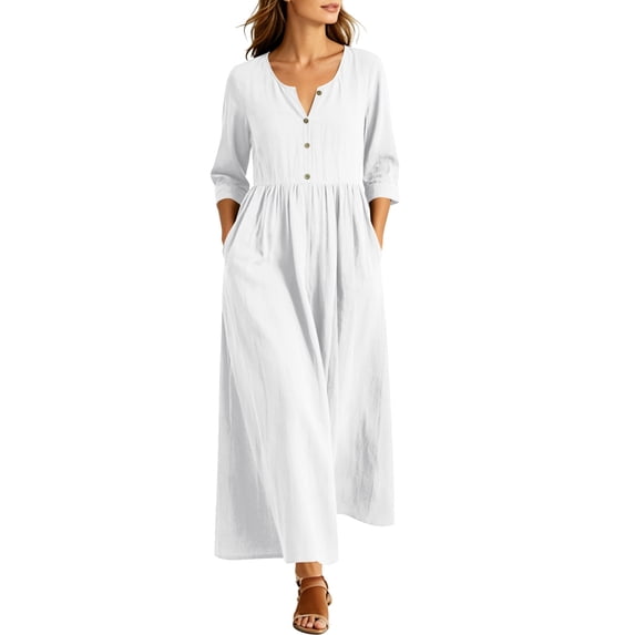 Gytharion Women's Maxi Dresses Buttoned V Neck 3/4 Sleeve Tummy Contrll Dresses Solid Color Casual Dresses with Pockets