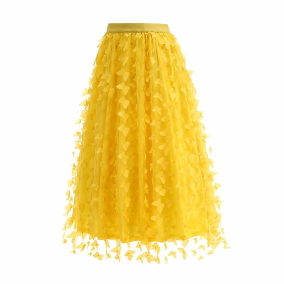 Gytharion Women's Maxi Skirts Trendy Solid Mesh 3D Butterfly Embellished Long Skirt Flowy A-Line Swing Elastic Waist Party Skirts for Women