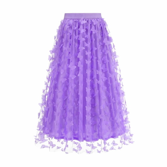 Gytharion Women's Maxi Skirts Trendy Solid Mesh 3D Butterfly Embellished Long Skirt Flowy A-Line Swing Elastic Waist Party Skirts for Women