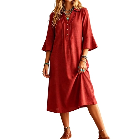 Gytharion Women's Midi Shirt Dresses Solid Color V Neck Button Down 3/4 Sleeve Dresses Loose Casual Summer Dresses
