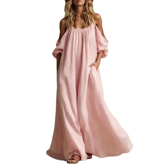 Gytharion Women's Off Shoulder Dresses Three Quarter Sleeve Formal Style Maxi Dresses Flowy Long Length Classic Party Dresses