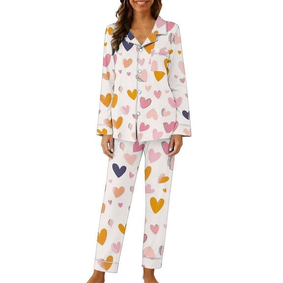Gytharion Women's Pajama Sets Cute Heart Print Pj Sets 2 Piece Loungewear Outfits Long Sleeve Button Down Lapel Sleepwear and Sleep Pants Soft Comfy Pajamas Sets for Valentine's Day