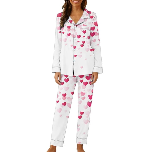 Gytharion Women's Pajama Sets Cute Heart Print Pj Sets 2 Piece Loungewear Outfits Long Sleeve Button Down Lapel Sleepwear and Sleep Pants Soft Comfy Pajamas Sets for Valentine's Day