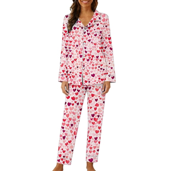 Gytharion Women's Pajama Sets Cute Heart Print Pj Sets 2 Piece Loungewear Outfits Long Sleeve Button Down Lapel Sleepwear and Sleep Pants Soft Comfy Pajamas Sets for Valentine's Day