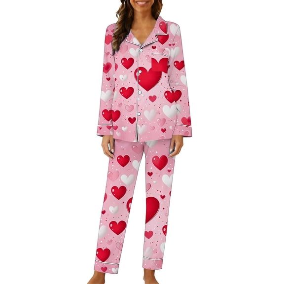 Gytharion Women's Pajama Sets Cute Heart Print Pj Sets 2 Piece Loungewear Outfits Long Sleeve Button Down Lapel Sleepwear and Sleep Pants Soft Comfy Pajamas Sets for Valentine's Day