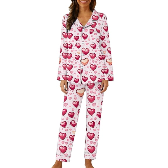 Gytharion Women's Pajama Sets Cute Heart Print Pj Sets 2 Piece Loungewear Outfits Long Sleeve Button Down Lapel Sleepwear and Sleep Pants Soft Comfy Pajamas Sets for Valentine's Day