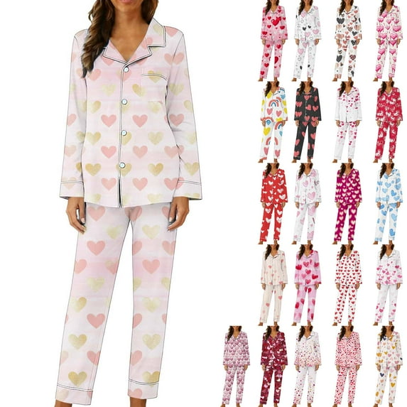 Gytharion Women's Pajama Sets Cute Heart Print Pj Sets 2 Piece Loungewear Outfits Long Sleeve Button Down Lapel Sleepwear and Sleep Pants Soft Comfy Pajamas Sets for Valentine's Day