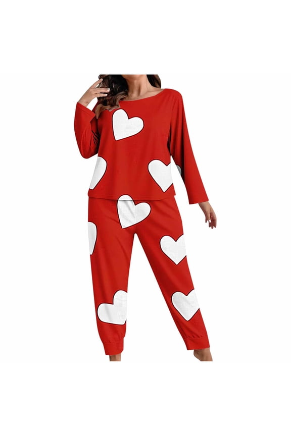 Women's Pajama Sets Fashion Heart Print Long Sleeve Crew Neck Sleepwear and Pants 2 Piece Pjs Set Loose Comfy Loungewear Sets for Women, Size XL-5XL