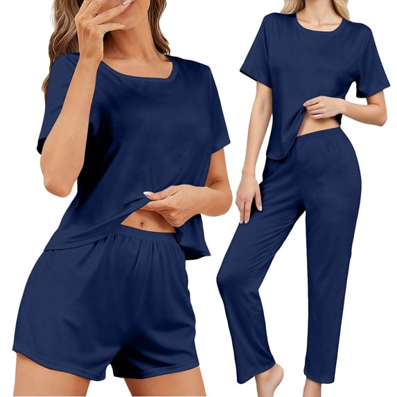 Gytharion Women's Pajama Sets Fashionable Short Sleeve Crew Neck Shirts Lounge Shorts and Pants 3 Piece Pjs Sets Soft Comfy Sleepwear Loungewear for Women