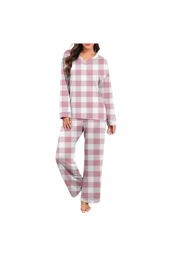 Women's Pajama Sets Soft Comfy Long Sleeve V-Neck Sleepwear and Long Pants Cute Plaid Print Loungewear Outfits 2 Piece Pj Sets for Women