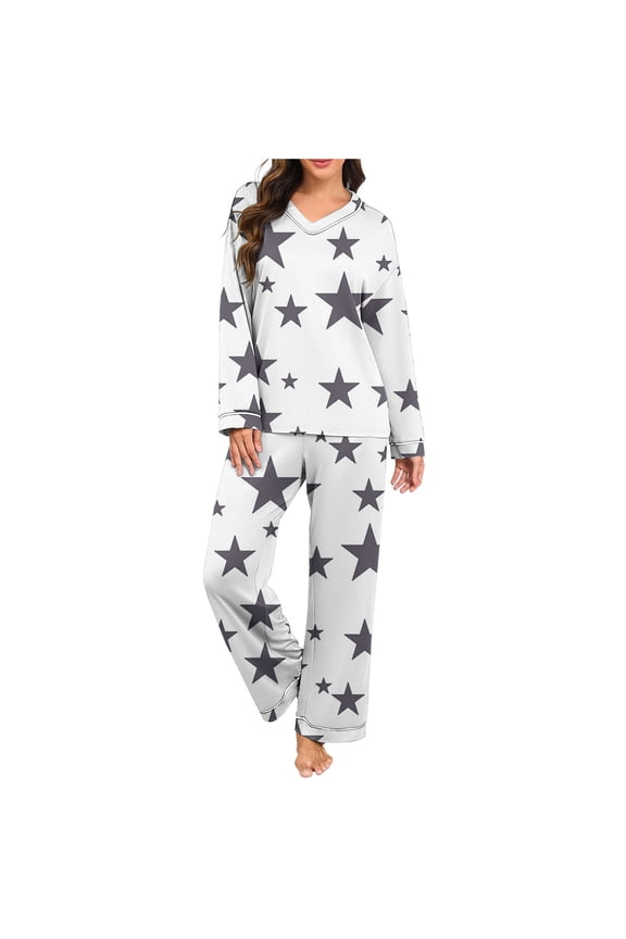 Women's Pajama Sets Soft Comfy Long Sleeve V-Neck Sleepwear and Long Pants Cute Star Print Loungewear Outfits 2 Piece Pj Sets for Women