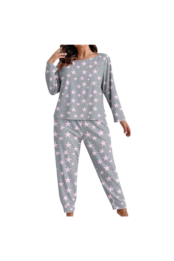 Women's Pajamas Set Fashion Star Print Long Sleeve Crew Neck Sleepwear and Pants 2 Piece Pjs Set Loose Comfy Loungewear Sets for Women, Size XL-5XL
