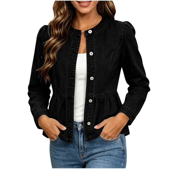 Gytharion Women's Peplum Denim Jackets Button Front Collarless Cut Peplum Jackets Long Sleeve Flared Hem Jean Jackets with Pockets
