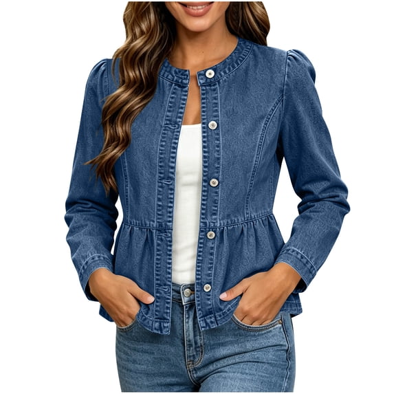 Gytharion Women's Peplum Denim Jackets Button Front Collarless Cut Peplum Jackets Long Sleeve Flared Hem Jean Jackets with Pockets
