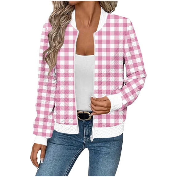 Gytharion Women’s Plaid Jackets Cropped Checkered Long Sleeve Zip Up Coats Waffle Knit Fashion Jackets for Fall and Winter