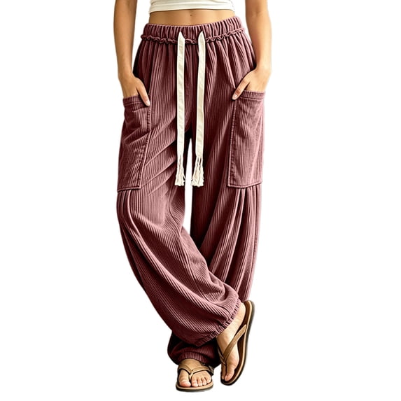 Gytharion Women's Plus Size Corduroy Pants High Waist Loose Fit Barrel Leg Trousers Drawstring Elastic Waist Casual Pants with Large Pockets for Fall