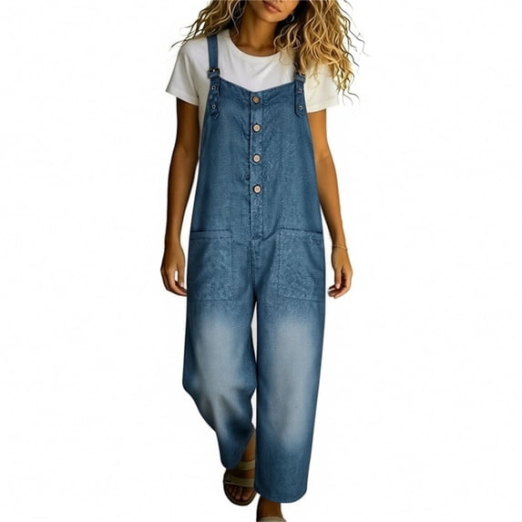 Gytharion Women's Plus Size Denim Jumpsuits Sleeveless Adjustable Straps Overalls Fashion Buttoned Pocketed Jumpsuits