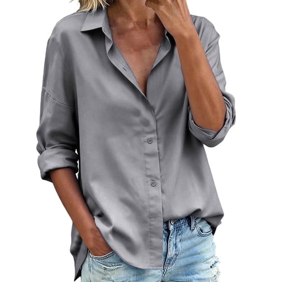 Gytharion Women's Plus Size Dress Shirts Soild Color Stain Silk Lapel Long Sleeve Shirts Casual Button Down Blouse