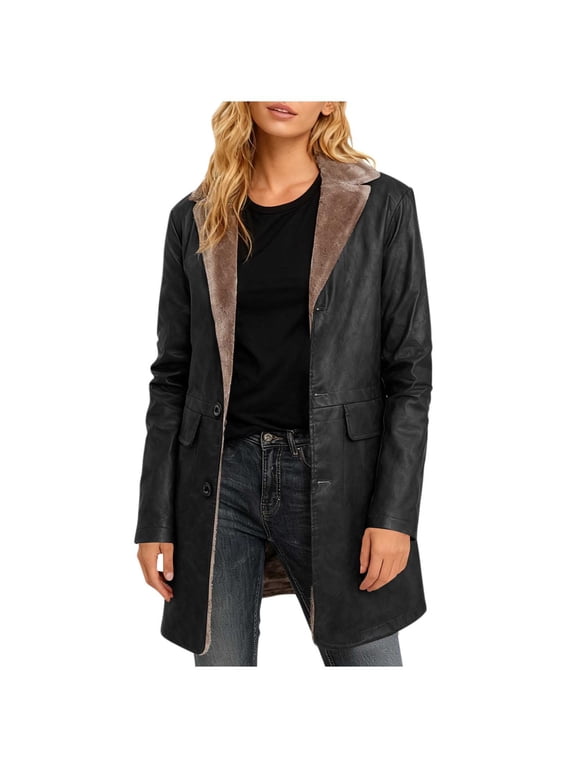 Women’s Plus Size Faux Leather Jackets Turn Down Collar Long Sleeve Button Down Coats Solid Color Casual Jackets with Pockets