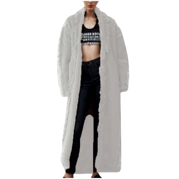 Gytharion Women's Plus Size Fringe Trim Knit Cardigans Maxi Length Oversized Loose Fit Casual Sweater Coats Fall and Winter Warm Layering with Side Pockets Frayed Hem Chunky Ribbed Knit Jackets