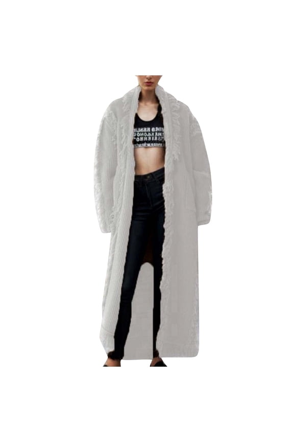 Women's Plus Size Fringe Trim Knit Cardigans Maxi Length Oversized Loose Fit Casual Sweater Coats Fall and Winter Warm Layering with Side Pockets Frayed Hem Chunky Ribbed Knit Jackets