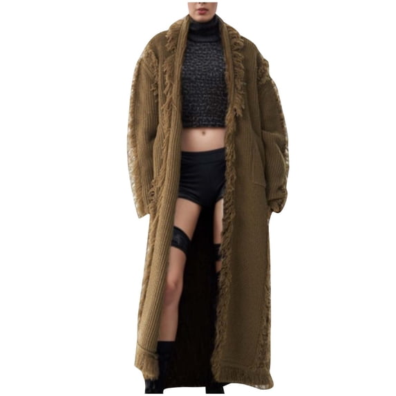 Gytharion Women's Plus Size Fringe Trim Knit Cardigans Maxi Length Oversized Loose Fit Casual Sweater Coats Fall and Winter Warm Layering with Side Pockets Frayed Hem Chunky Ribbed Knit Jackets