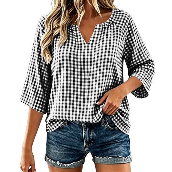 Gytharion Women's Plus Size Gingham Blouses V Neck 3/4 Ruffle Sleeve Loose Casual Tops Check Pattern Polished Work Shirts for Spring and Fall