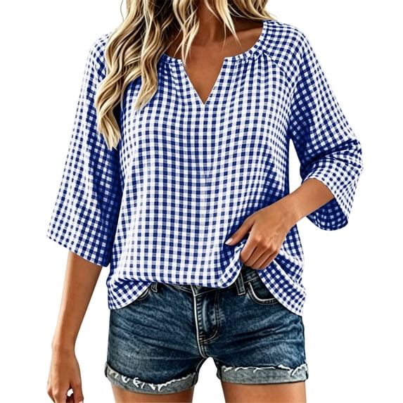 Gytharion Women's Plus Size Gingham Blouses V Neck 3/4 Ruffle Sleeve Loose Casual Tops Check Pattern Polished Work Shirts for Spring and Fall