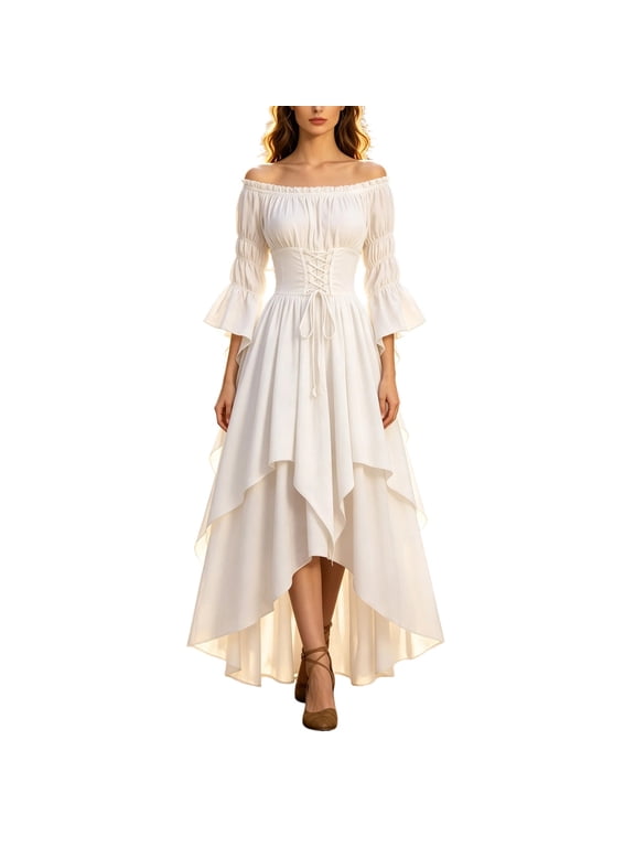 Women's Plus Size Halloween Court Style Gothic Maxi Dresses Solid Color Off the Shoulder 3/4 Bell Sleeves Waist Slimming Lace Up High Low Layered Ruffled Hem Gowns for Renaissance Fair