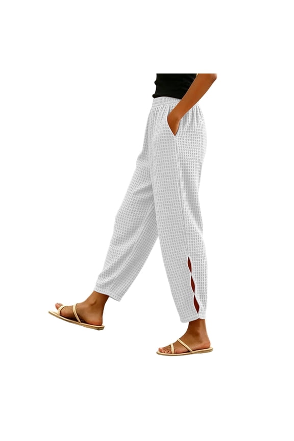 Women's Plus Size Harem Pants Waffle Knit High Waist Tapered Trousers Side Slit Loose Fit Lounge Pants with Pockets for Travel