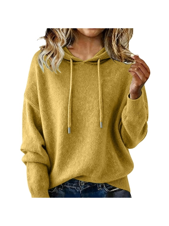 Women's Plus Size Knit Sweaters Drawstring Hooded Pullover Sweatshirts Solid Color Casual Comfort Soft Long Sleeve Sweaters Hoodies