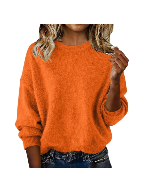 Women's Plus Size Knit Sweaters Solid Color Crew Neck Fluffy Plush Soft Knit Tops Fall Winter Layering Pullover Sweaters