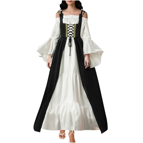 Gytharion Women's Plus Size Medieval Court Vintage Dresses Renaissance Style Gothic Dresses Square Neck Long Bell Sleeves Lace Up Corset Waist Color-blocking Floor Length Full Dresses Evening Gowns