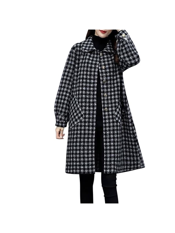 Women’s Plus Size Plaid Coats Long Sleeve Loose Fit Wool Jackets Mid Length Checkered Winter Overcoats for Fall and Winter
