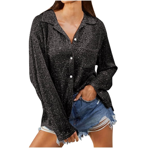 Gytharion Women’s Plus Size Shirt Jackets Sequin Long Sleeve Button Down Coats Turn Down Collar Loose Fit Casual Shackets