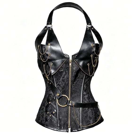 Gytharion Women's Plus Size Steampunk Gothic Corsets Leather Halter Neck Tummy Control Shapewear Tops Front Zipper Waist Cincher Bodyshapers for Cosplay Halloween Clubwear Party
