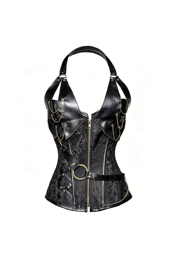 Women's Plus Size Steampunk Gothic Corsets Leather Halter Neck Tummy Control Shapewear Tops Front Zipper Waist Cincher Bodyshapers for Cosplay Halloween Clubwear Party