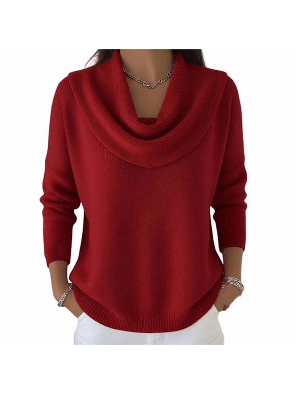 Women's Plus Size Sweaters Solid Color Draped Cowl Neck Long Sleeve Pullocer Sweaters Soft Thick Knit Loose Fashion Layering Tops