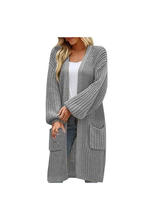 Women's Plus Size V Neck Open Front Knit Cardigans Long Sleeve Chunky Knit Longline Oversized Casual Sweater Coats Warm with Pockets Ribbed Hem Soft Knit Cardigans