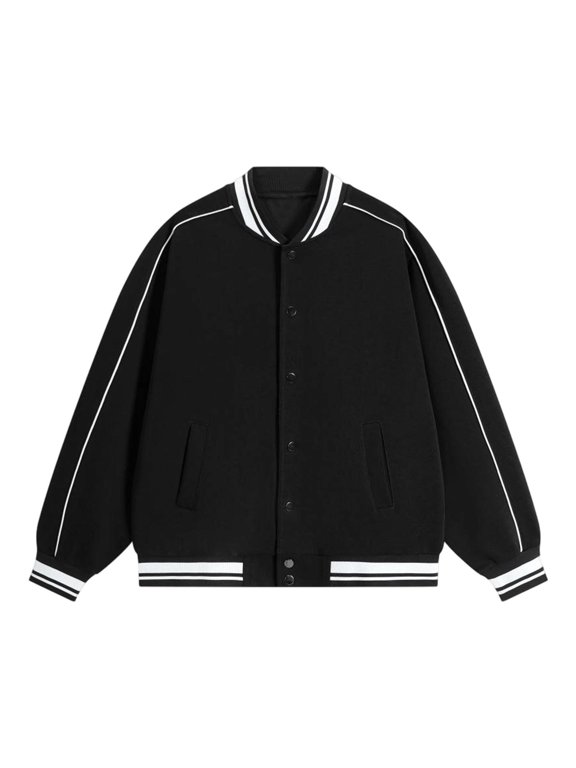 Women's Plus Size Varsity Jackets Snap Front Striped Rib Trim Baseball Jackets Long Sleeve Contrast Trim Bomber Jackets with Pockets
