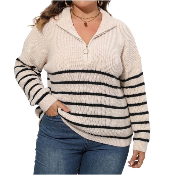 Gytharion Women's Quarter Zip Sweaters Loose Striped Turn Down Collar Long Sleeve Pullover Tops with Ribbed Cuffs Fashion Jumper Tops